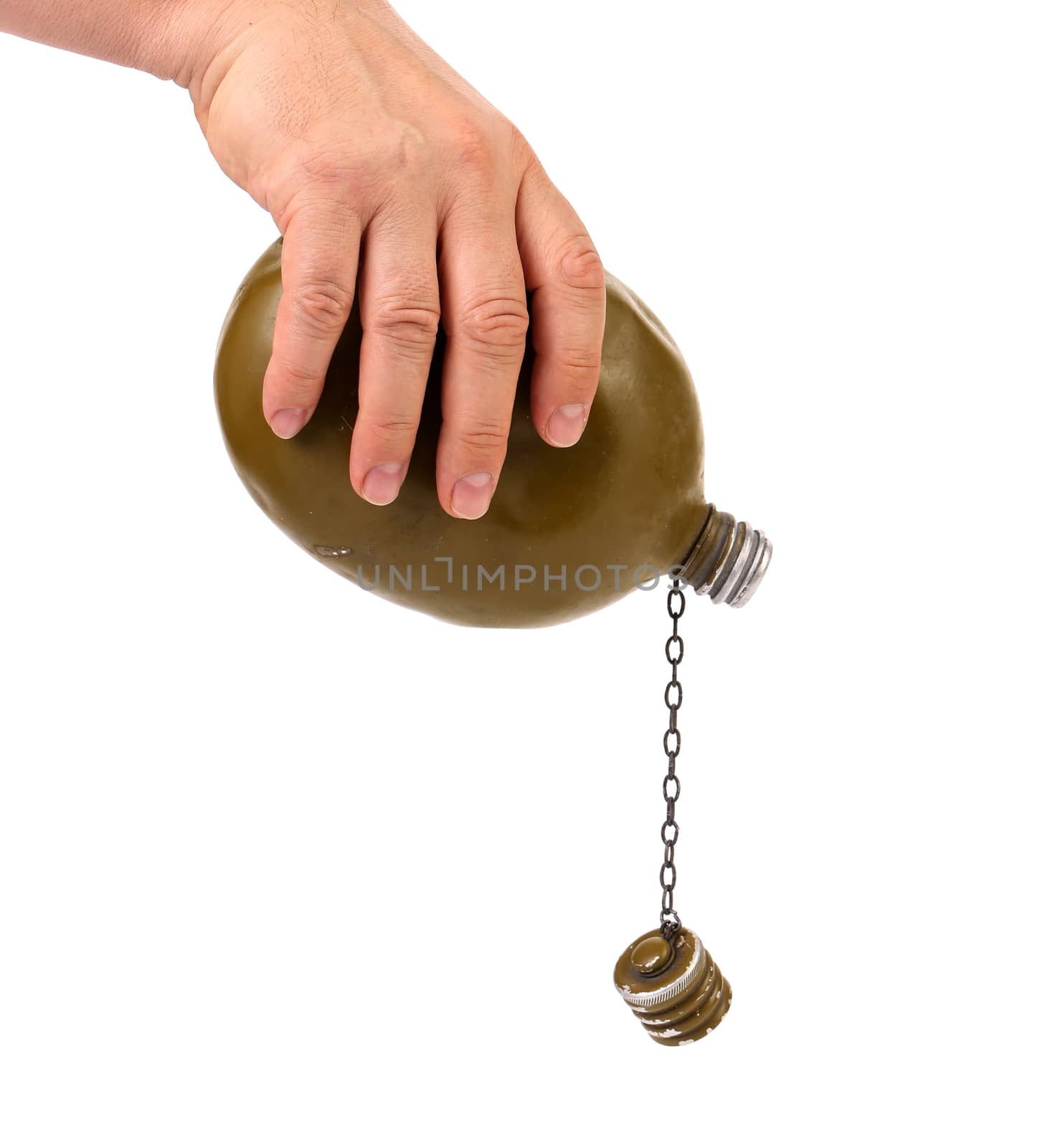 Hand holds old army canteen. Isolated on a white background.