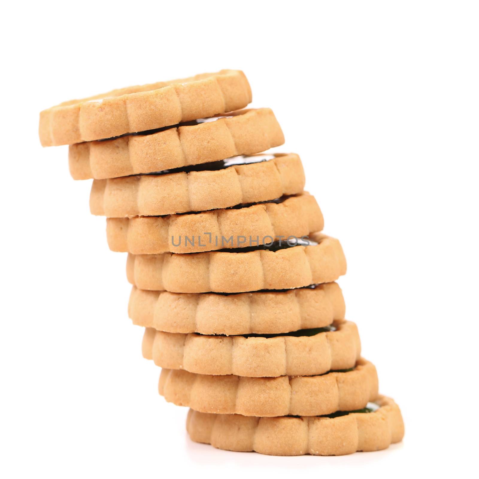 Stacks of cookies like piza tower. Isolated on a white background.