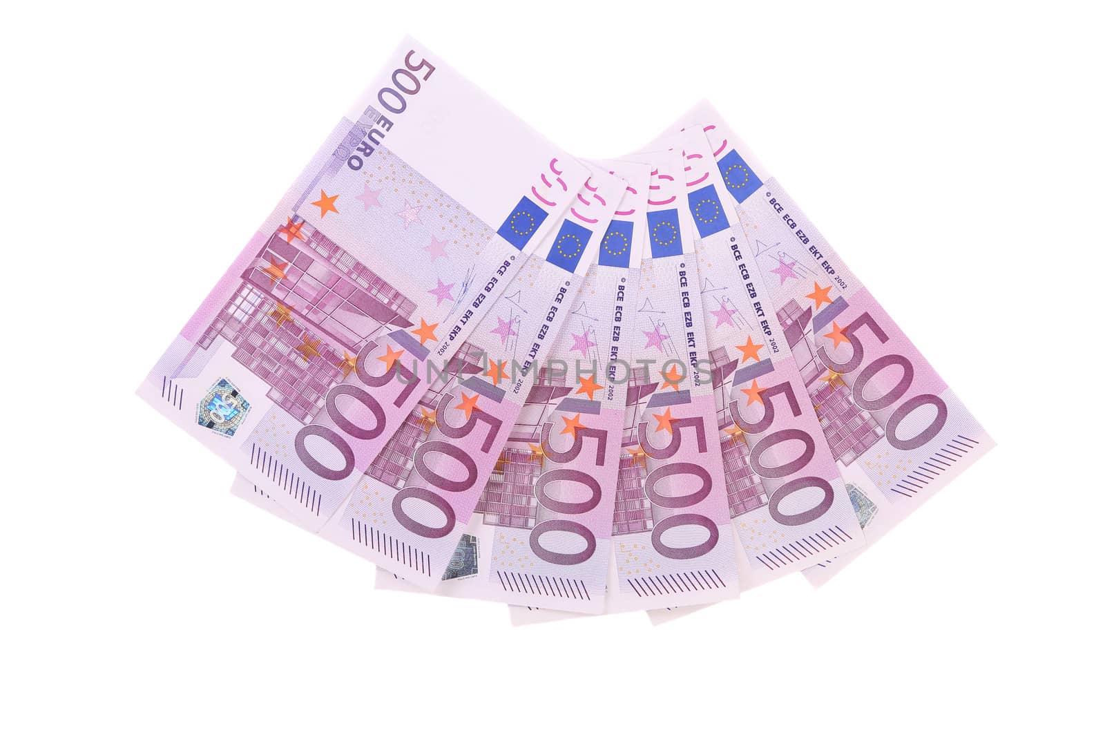 Fan of fifty handred euro bills. White background.