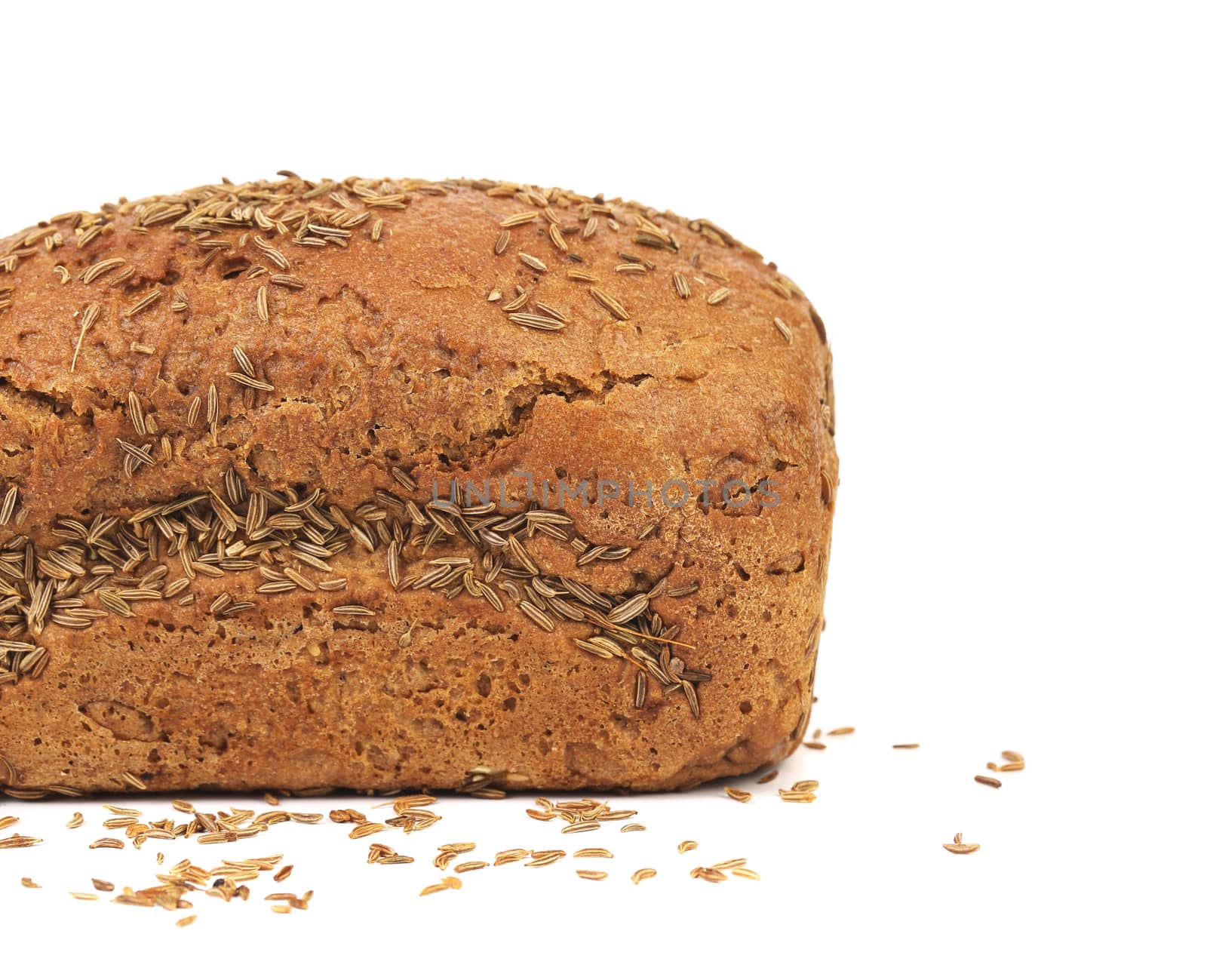 Half of rye bread with caraway seed. Isolated on a white background.