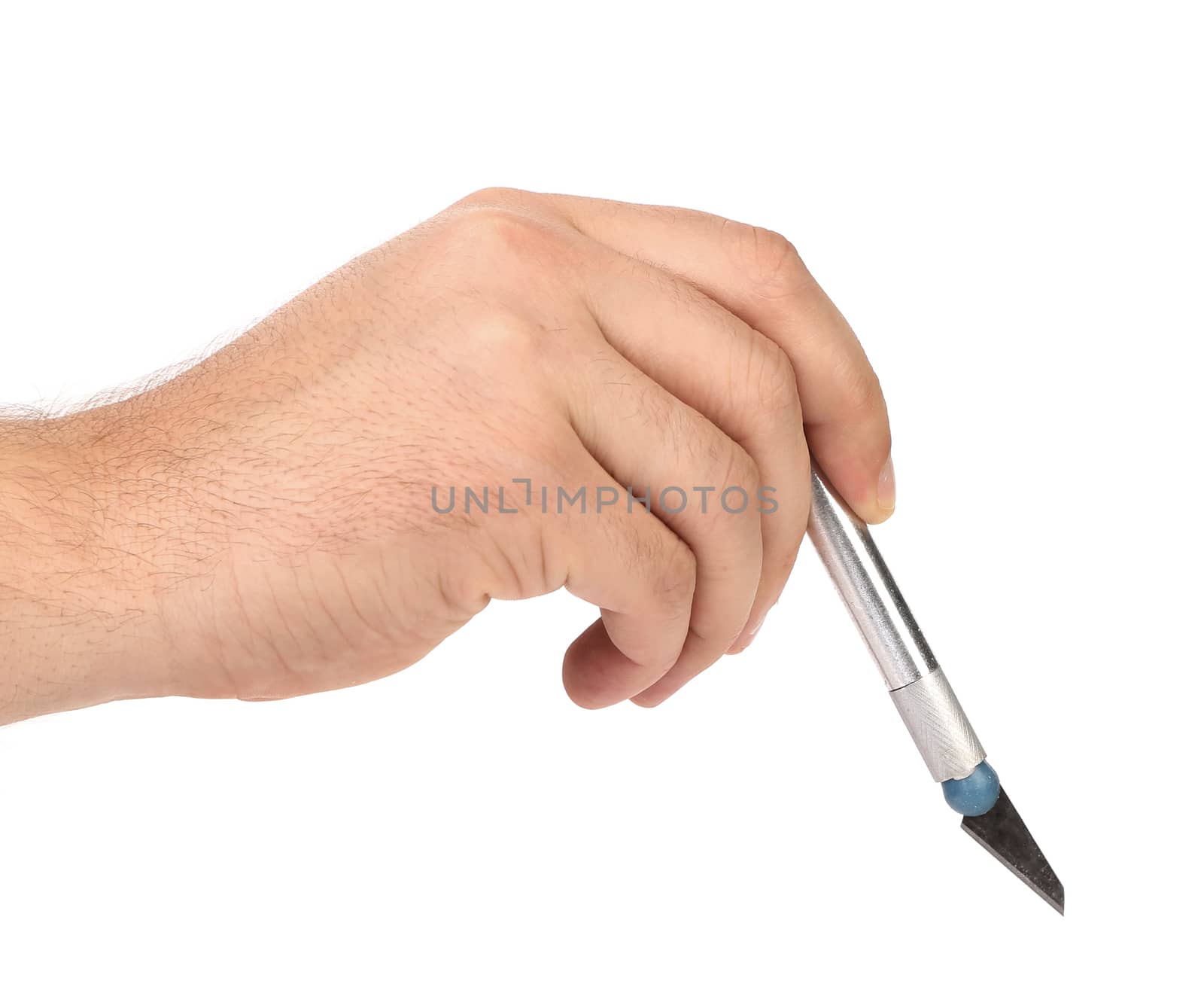 Hand holds aluminium Craft Knife on a white background