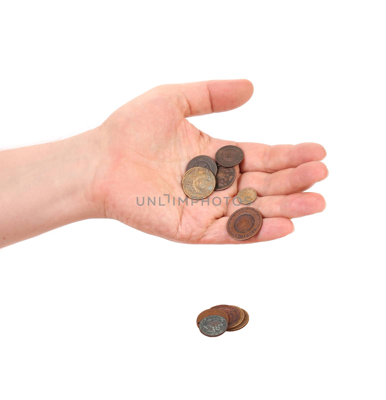 Money rolling in from the hands of. Isolated on a white background.