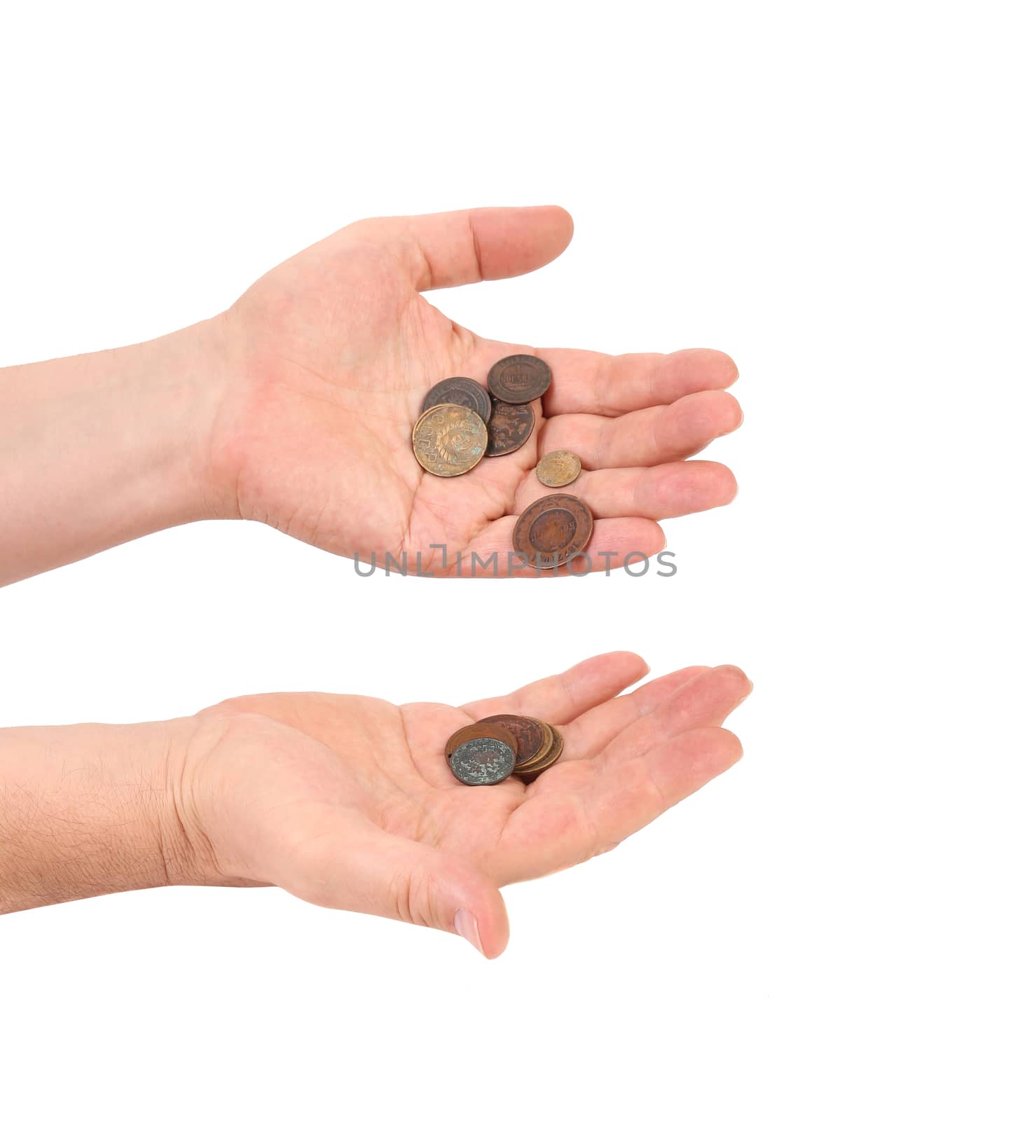 Hands holds coins. Isolated on a white background.