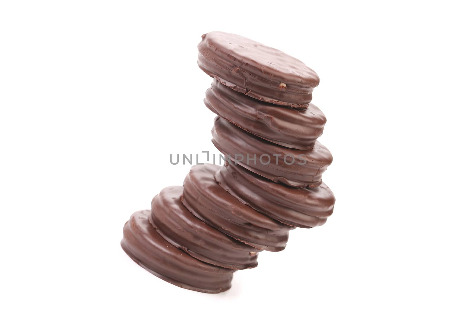 Stack biscuit sandwich with chocolate. Isolated on a white background.