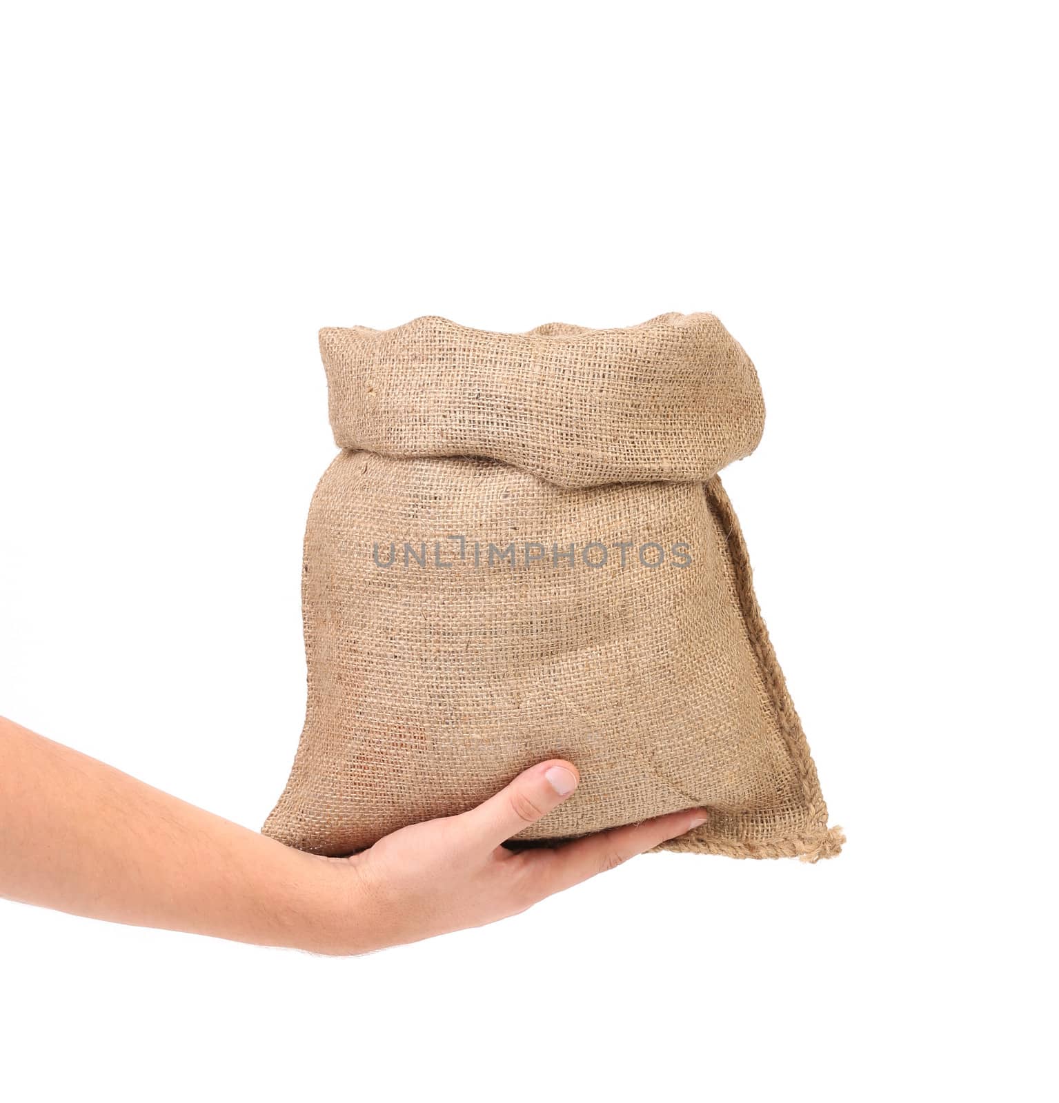 Hand holds bag of money. Isolated on a white background.