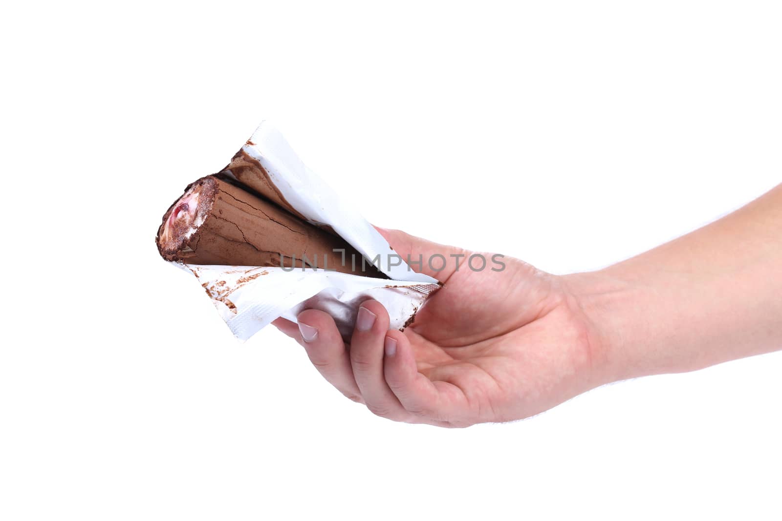 Roll of chocolate ice cream in foil. Isolated on a white background.