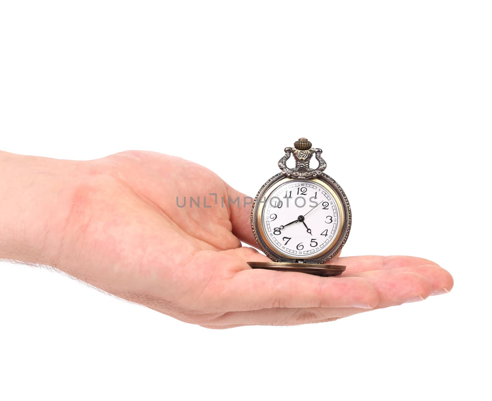 Hand holds opened old watch. Isolated on a white background.