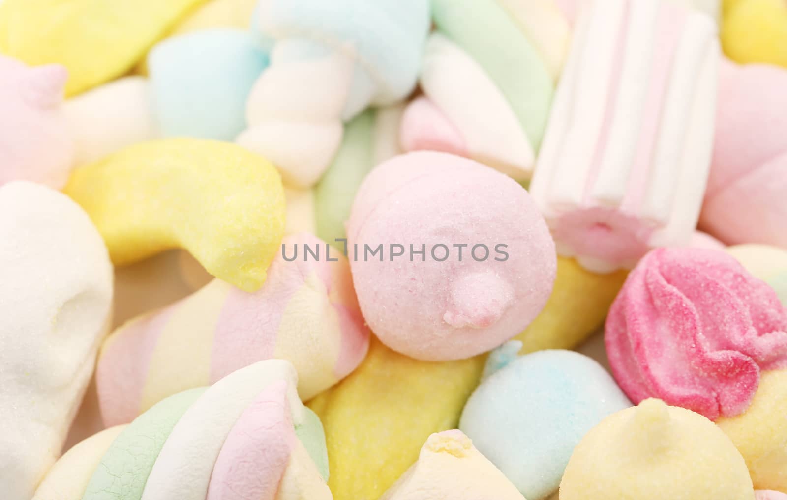 Background of marshmallows candy. In whole background.