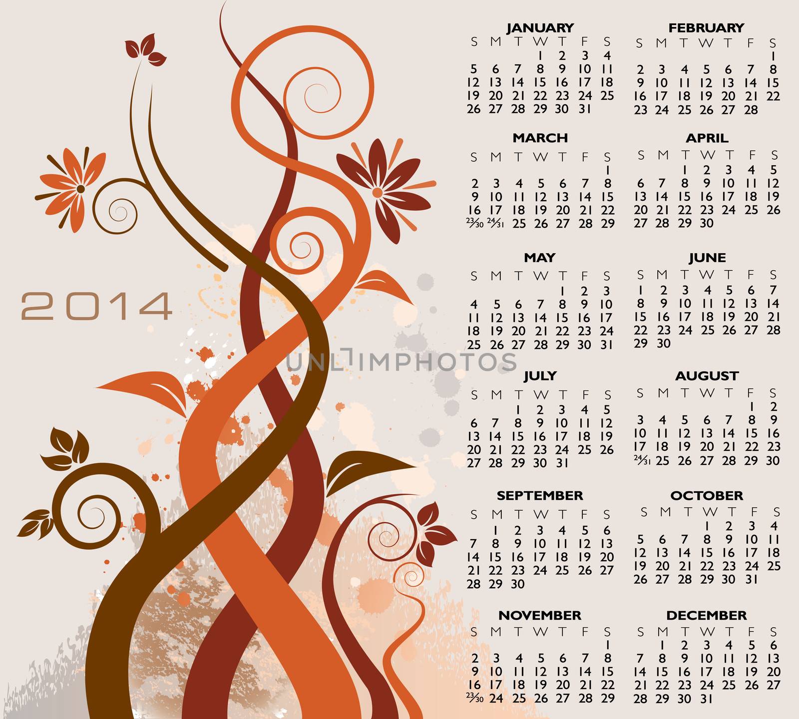 2014 Creative Floral Calendar for Print or Website