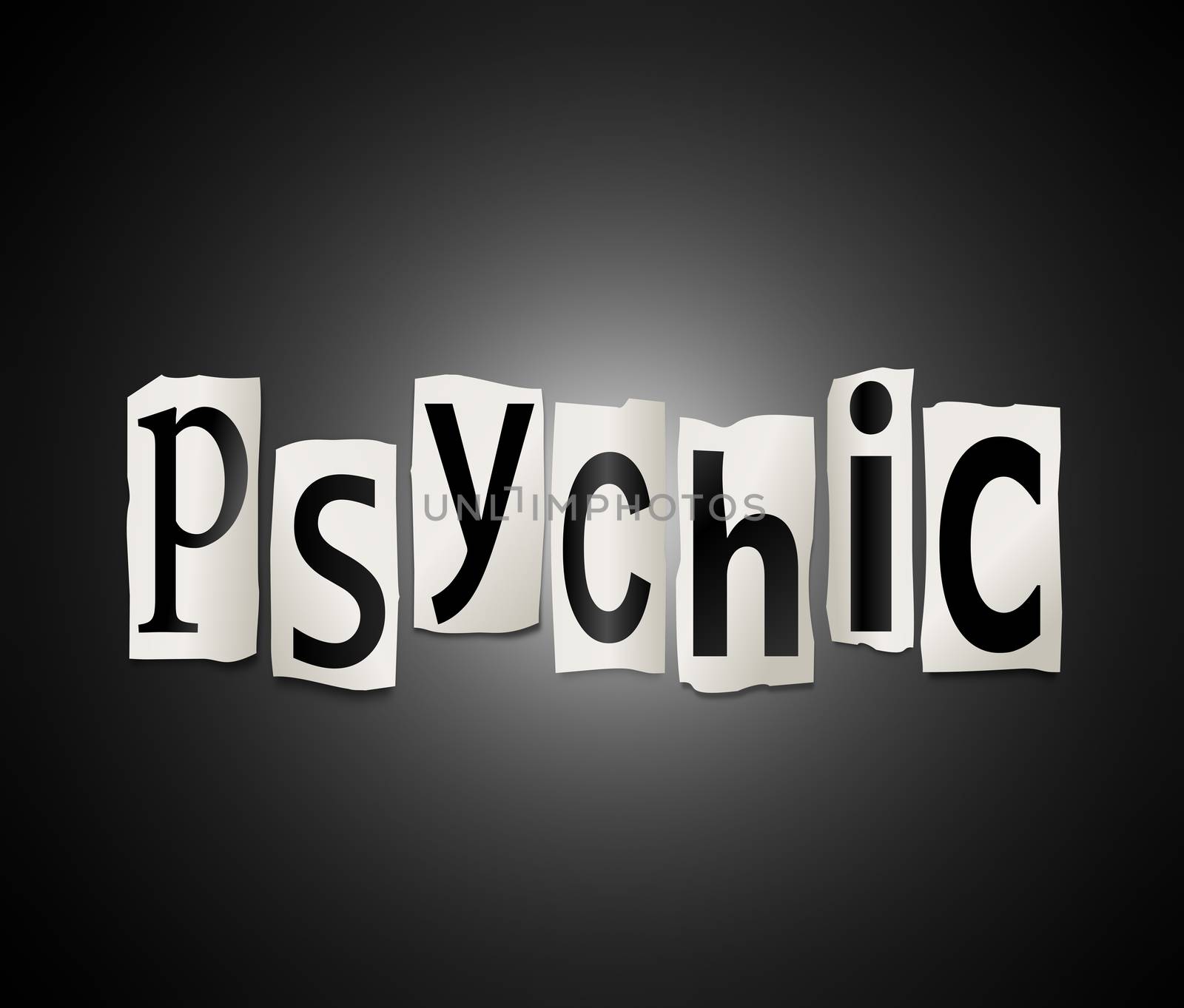 Illustration depicting a set of cut out printed letters formed to arrange the word psychic.