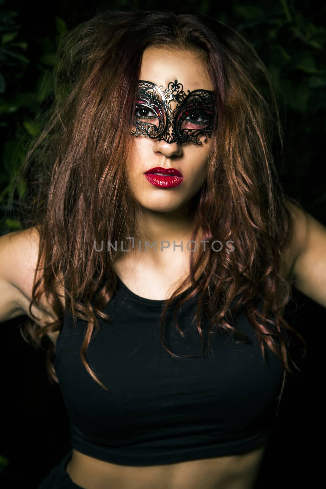 Masked lady. Beautiful Teenage Model Dressed in Fashionable Shor by FernandoCortes