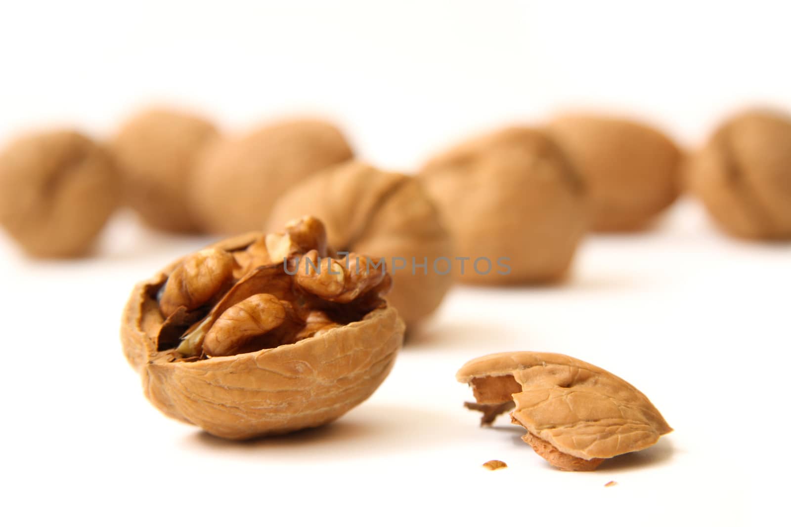 Walnuts on white background