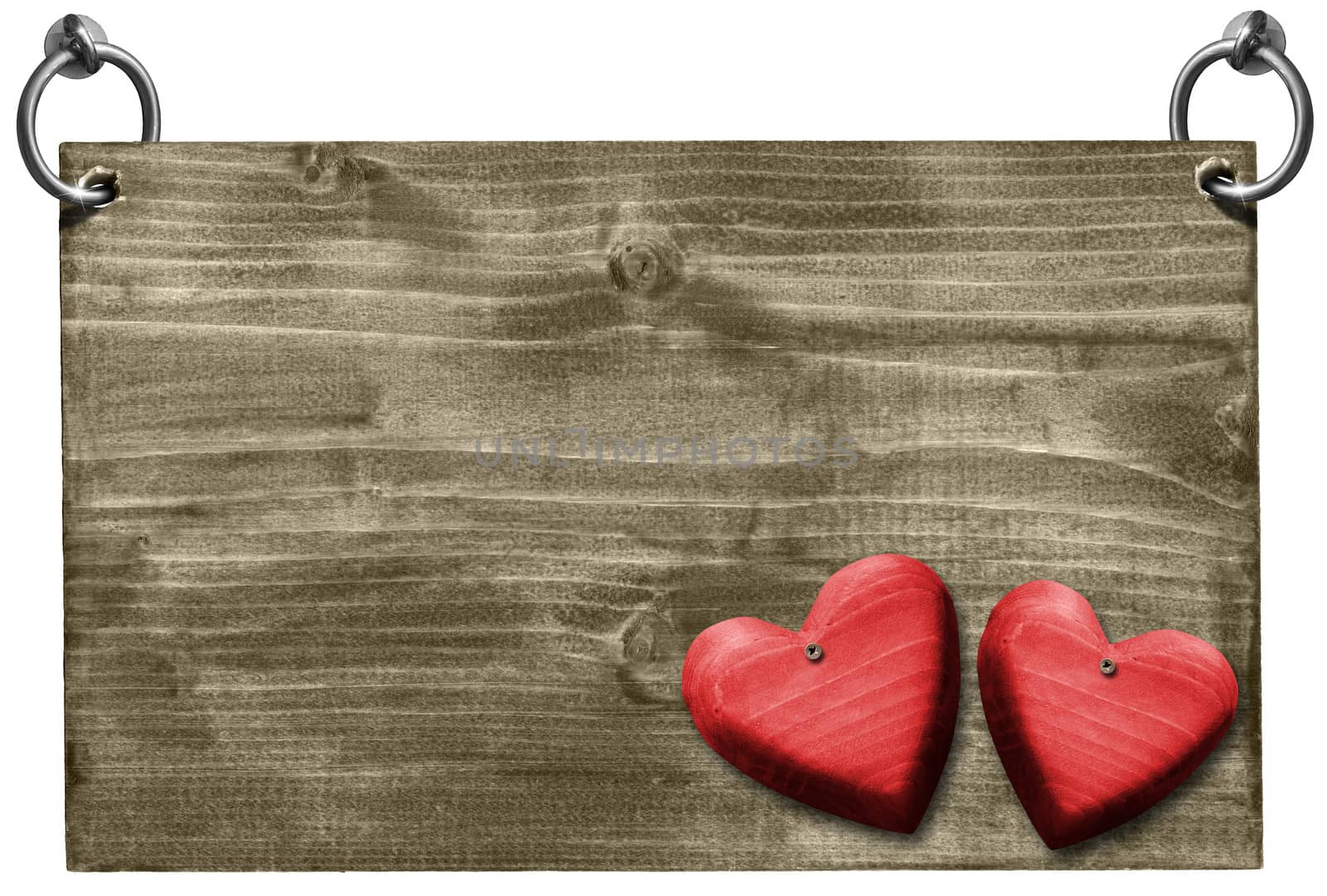 Empty wooden signboard hanging on to two steel ring with two wooden red hearts 