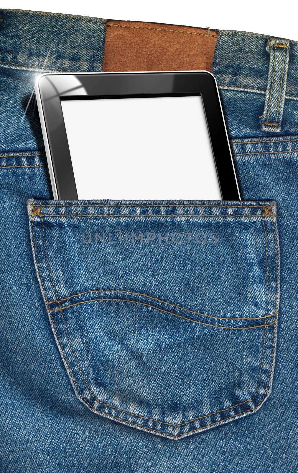 Blue jeans fabric with black tablet computer with blank pages in pocket