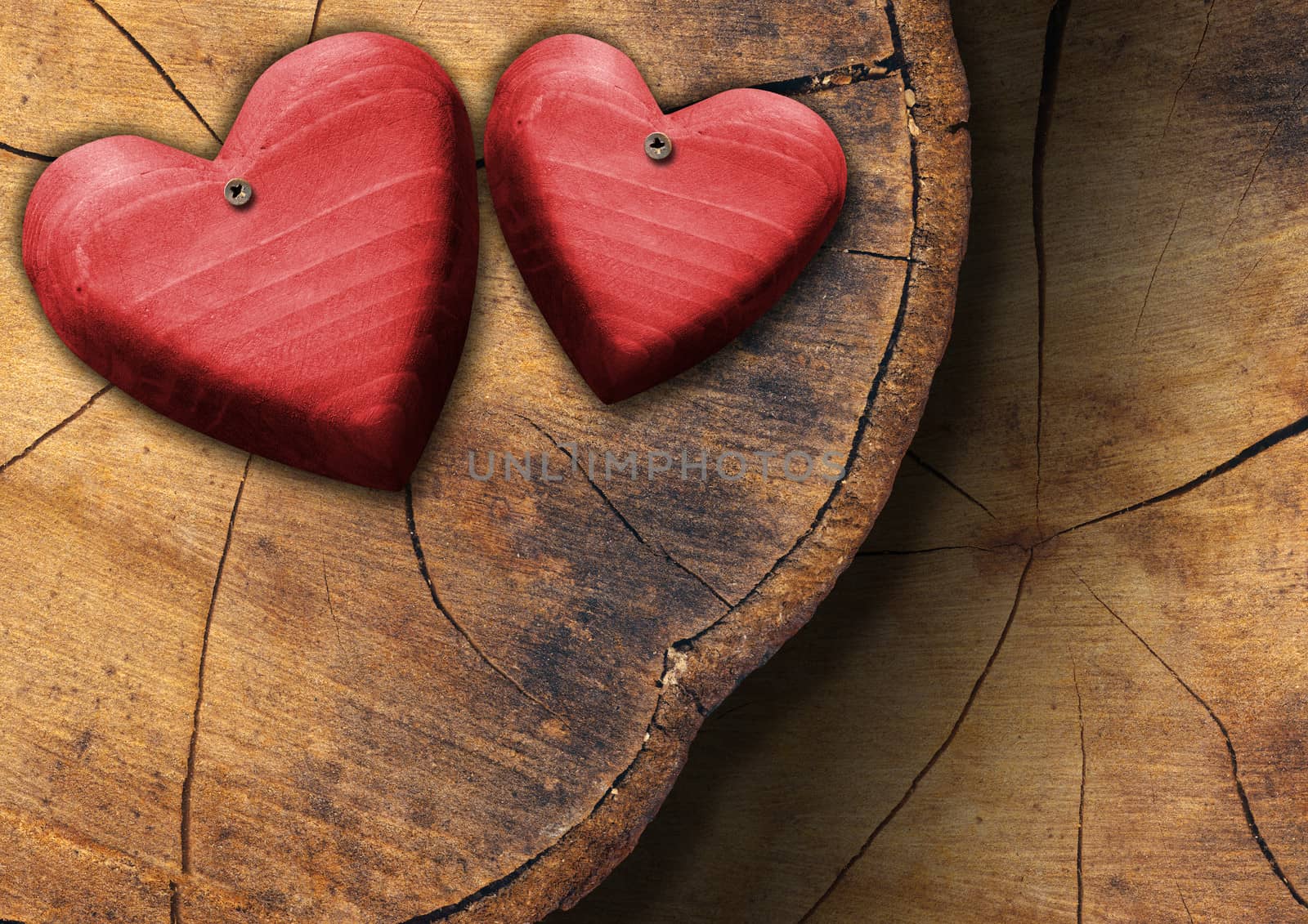 Two handmade red wooden hearts hanging on wooden background with trunk section