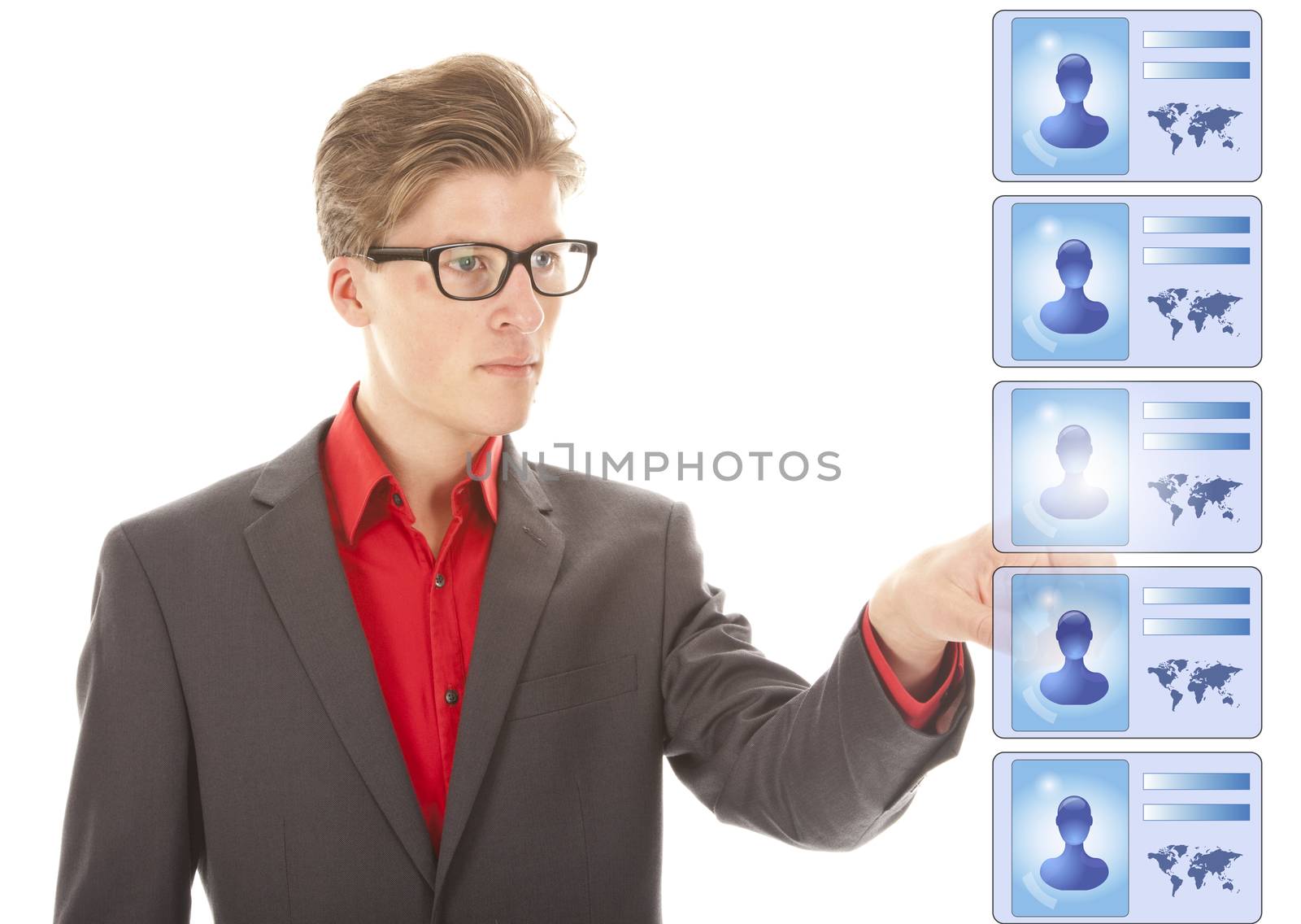Young man selecting virtual friends isolated on white background