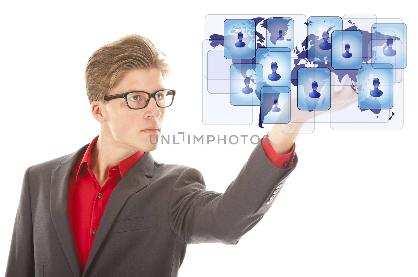 Young man holding virtual friends isolated on white background