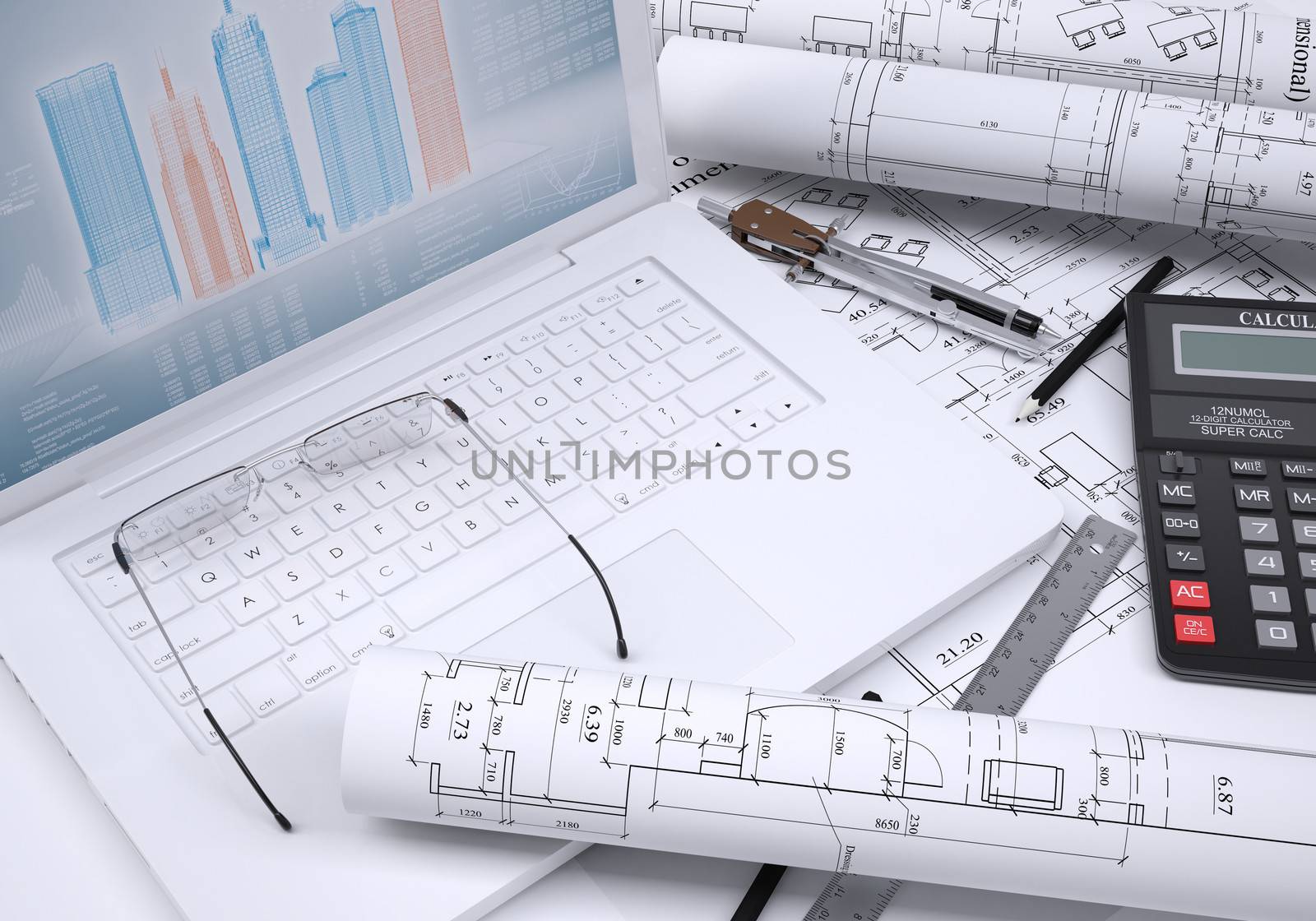 The book, calculator, paper and laptop. 3d rendering. The concept of new technologies