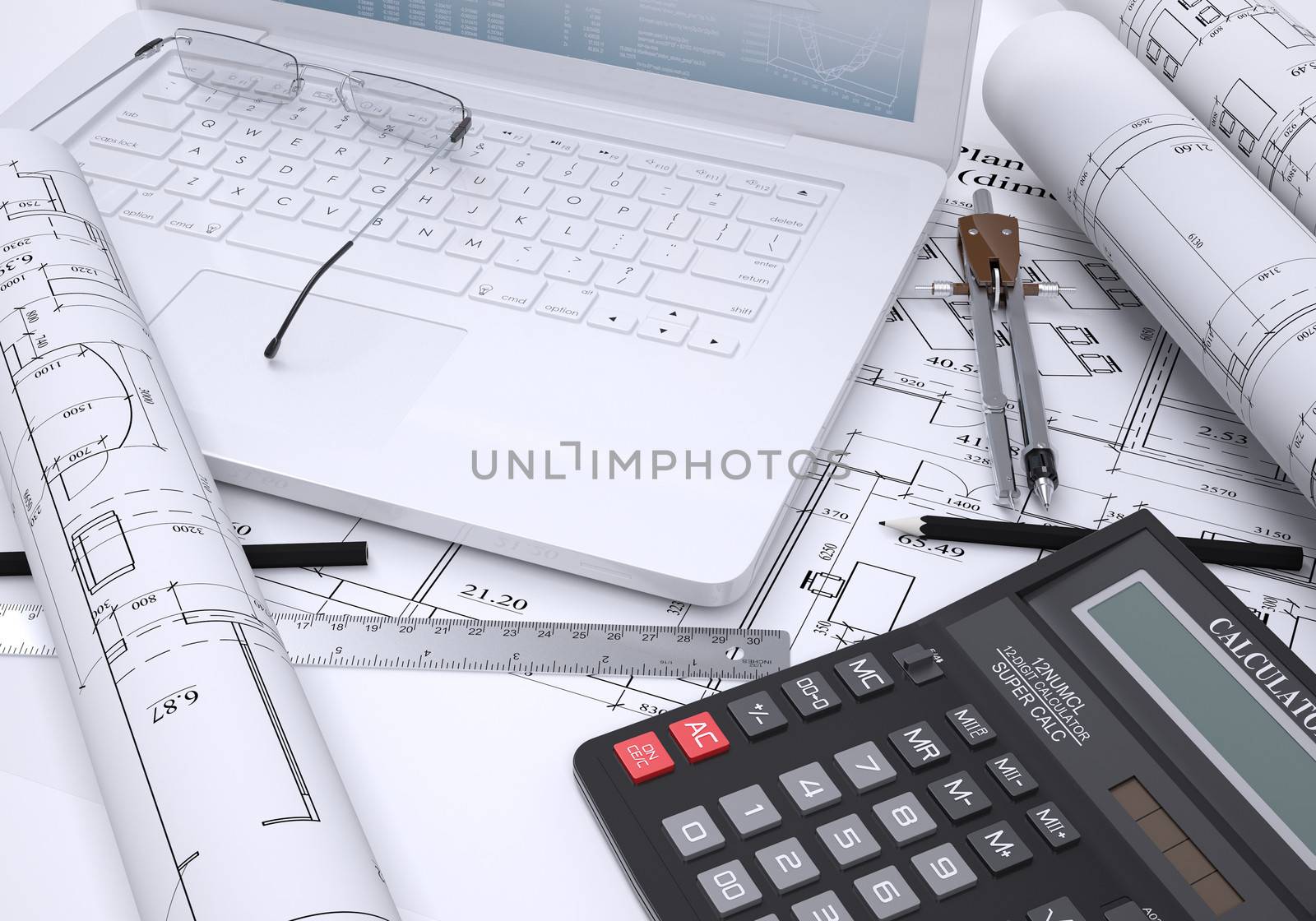 The book, calculator, paper and laptop. 3d rendering. The concept of new technologies