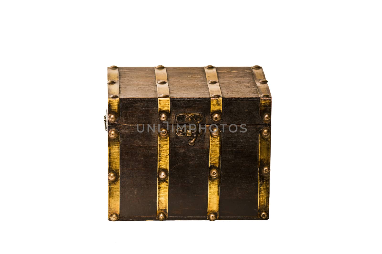 Brown wooden chest with golden metal elements isolated on white
