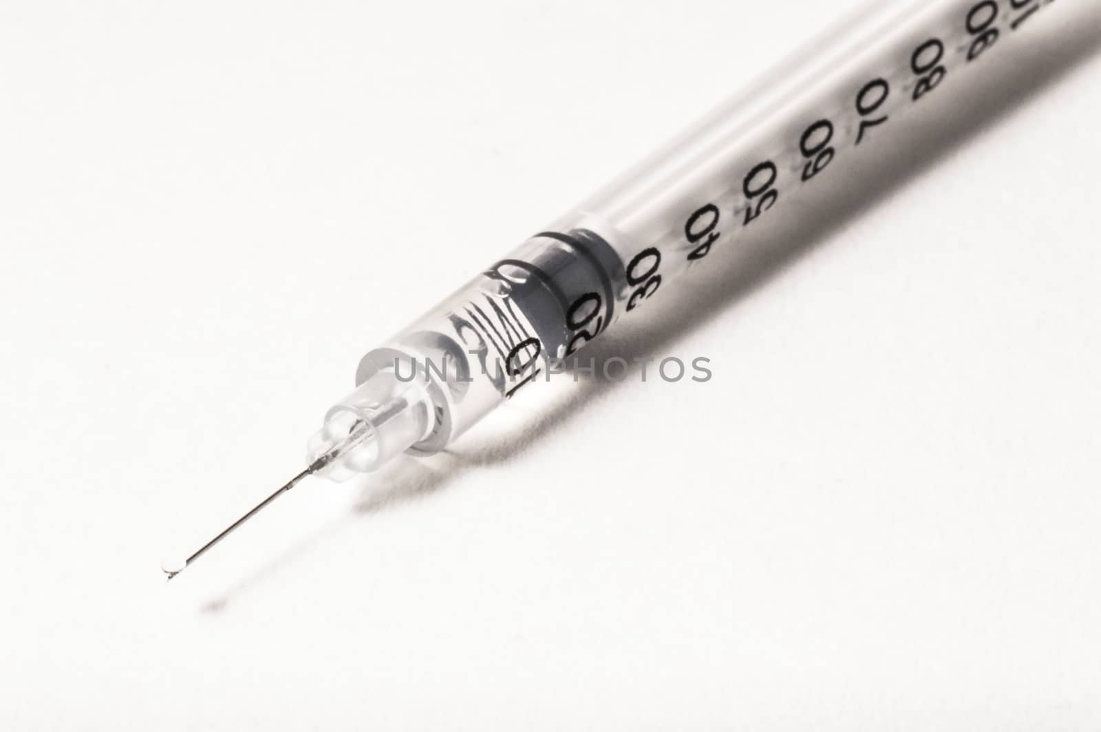 Close-up of a syringe on white background