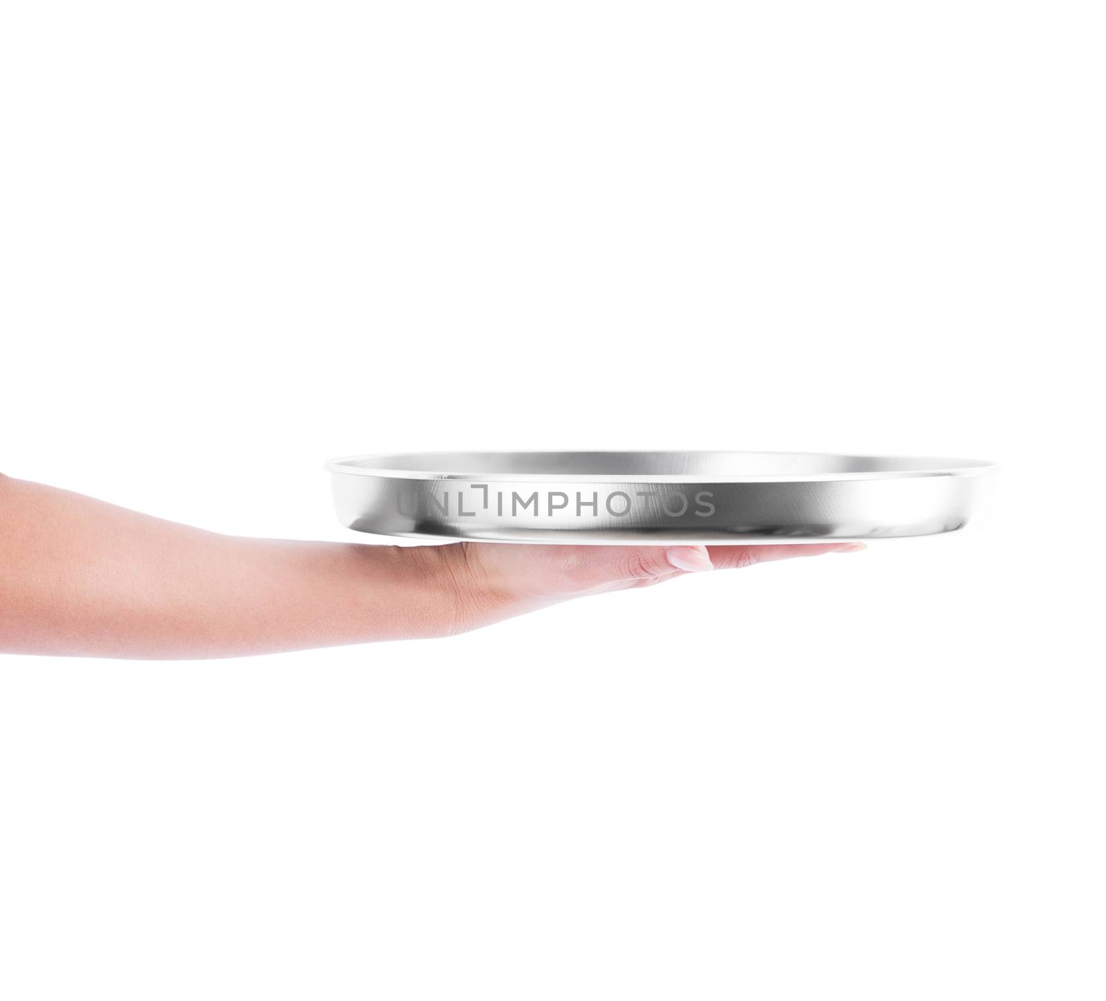 hand holding empty silver metal tray on white background