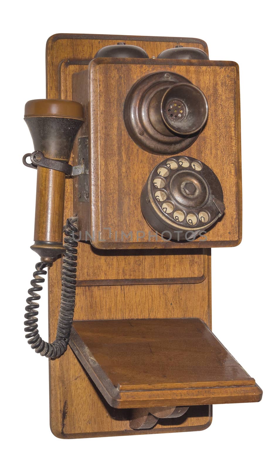 Antique wooden telephone, isolated by f/2sumicron