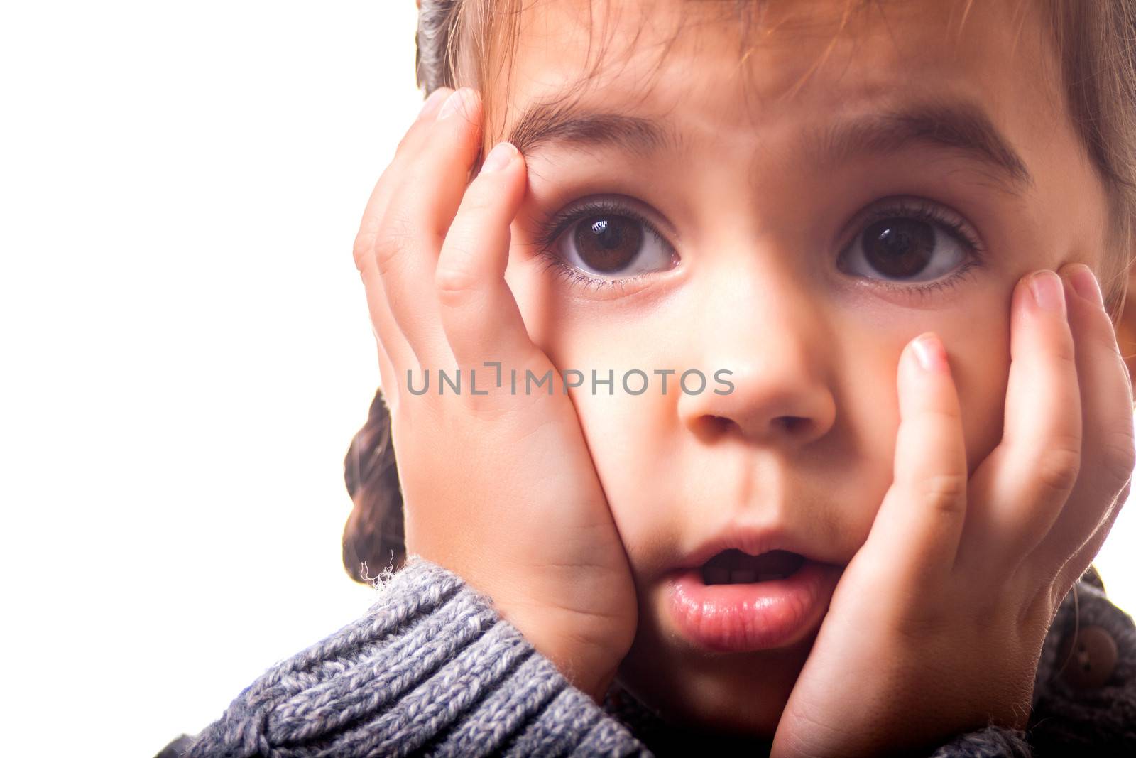 Girl with astonished expression on white background