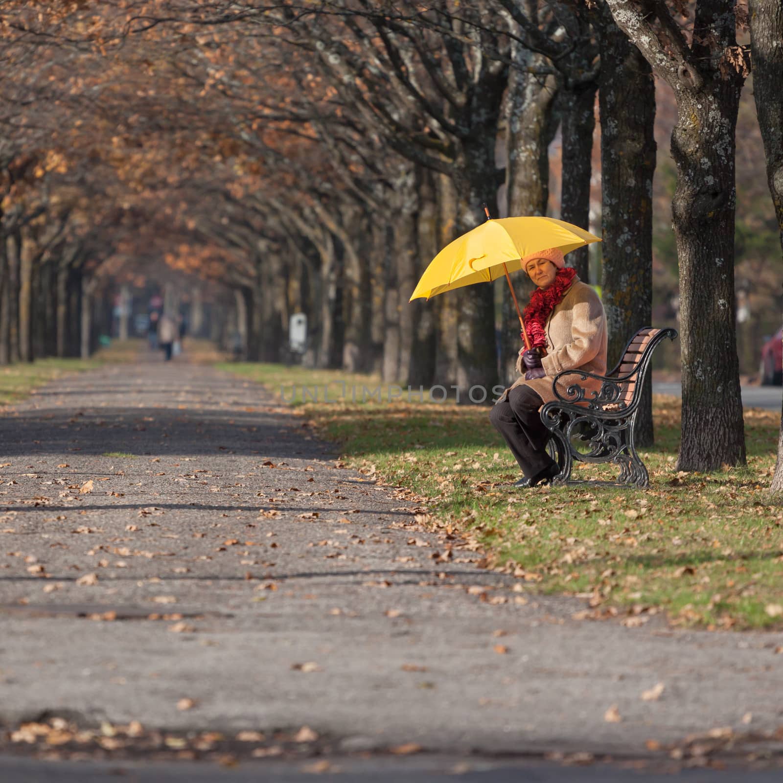 Mature woman in the park with umbrella  by RTsubin