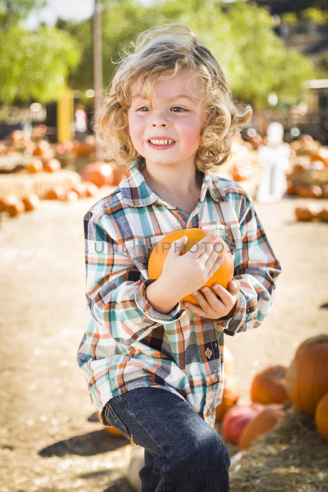 Adorable Little Boy Sitting and Holding His Pumpkin in a Rustic Ranch Setting at the Pumpkin Patch.
