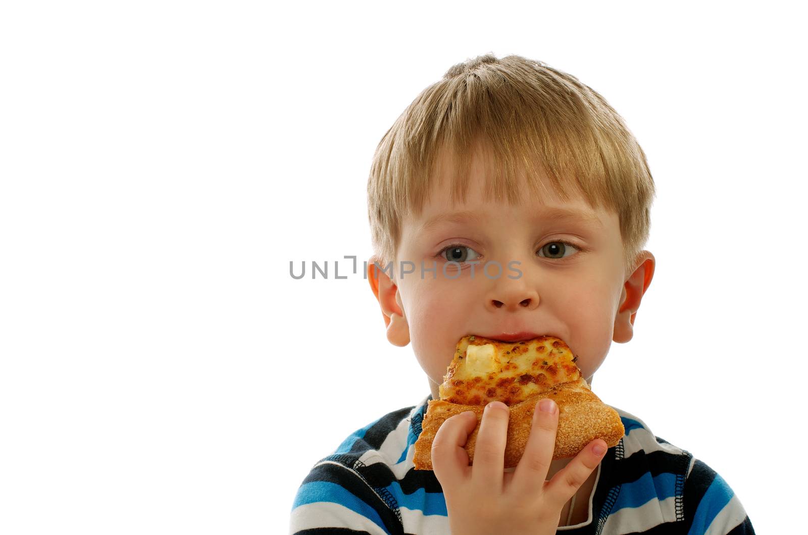 Little Boy Eating Cheese Pizza closeup on white background