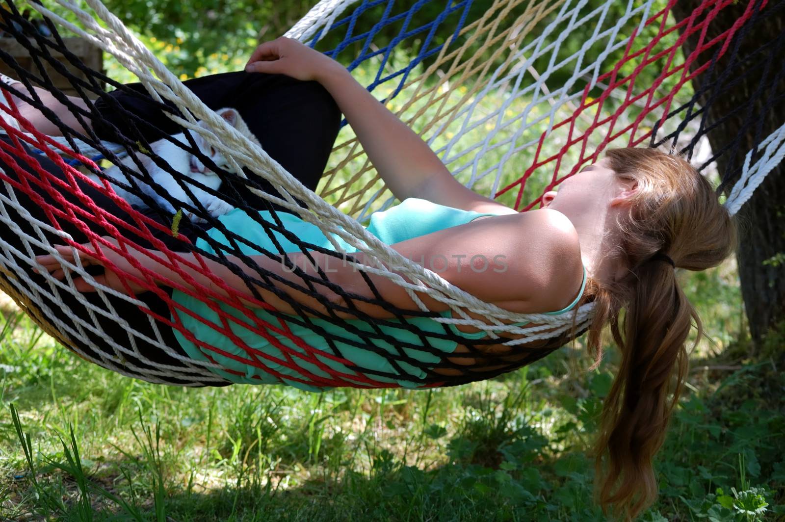girl resting in a hammock and plays with a white kitten