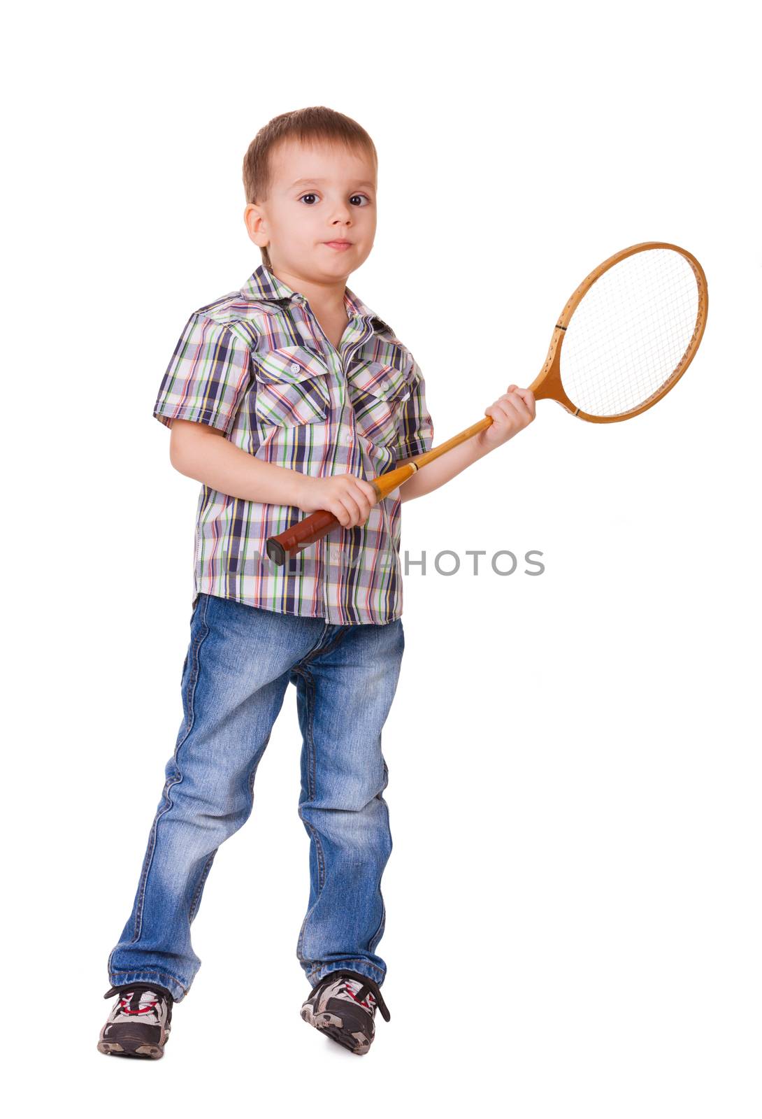 Little kid with badminton racket isolated on white background 