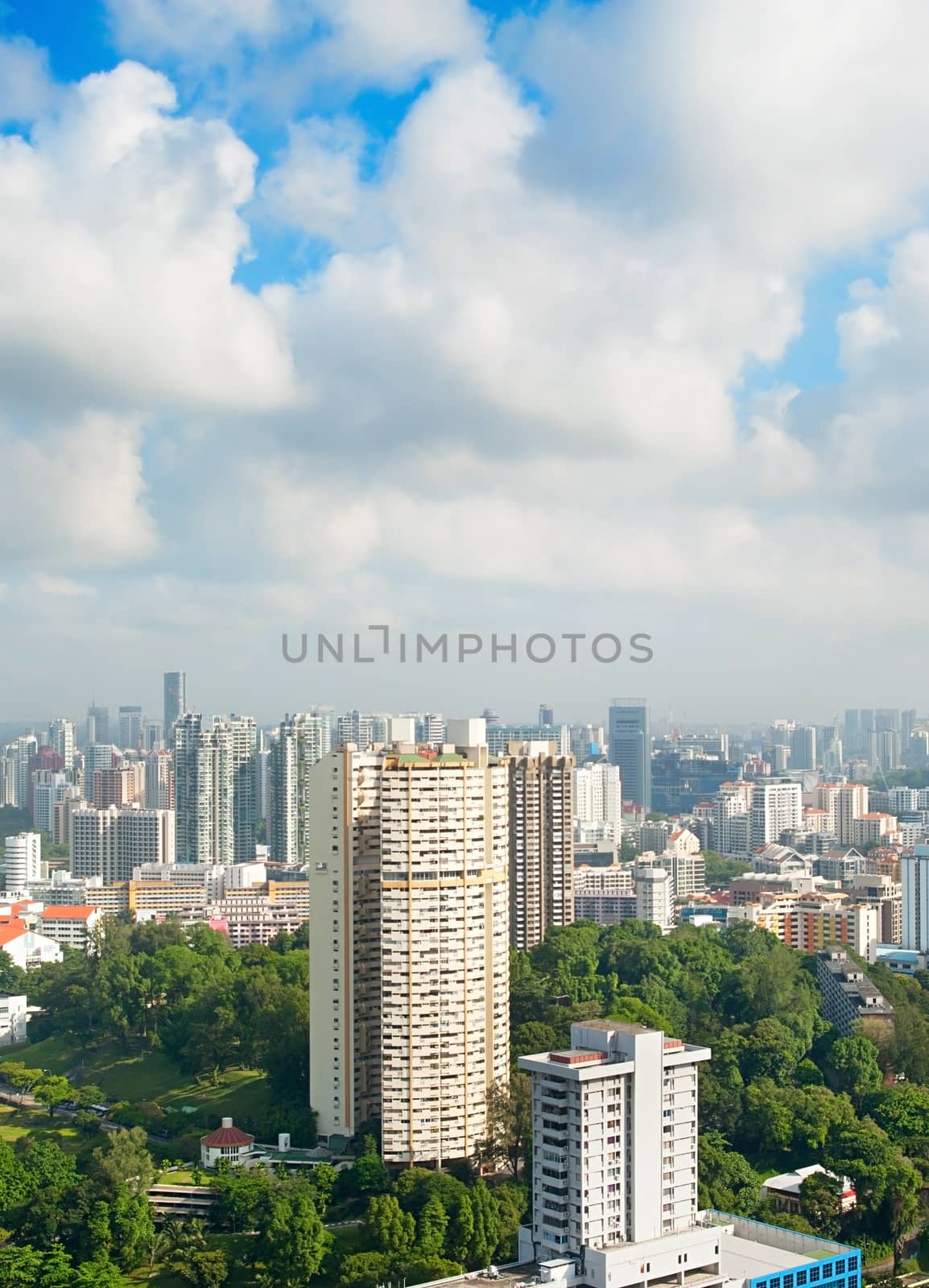 Aerial view of Singapore with a beautiful white clouds