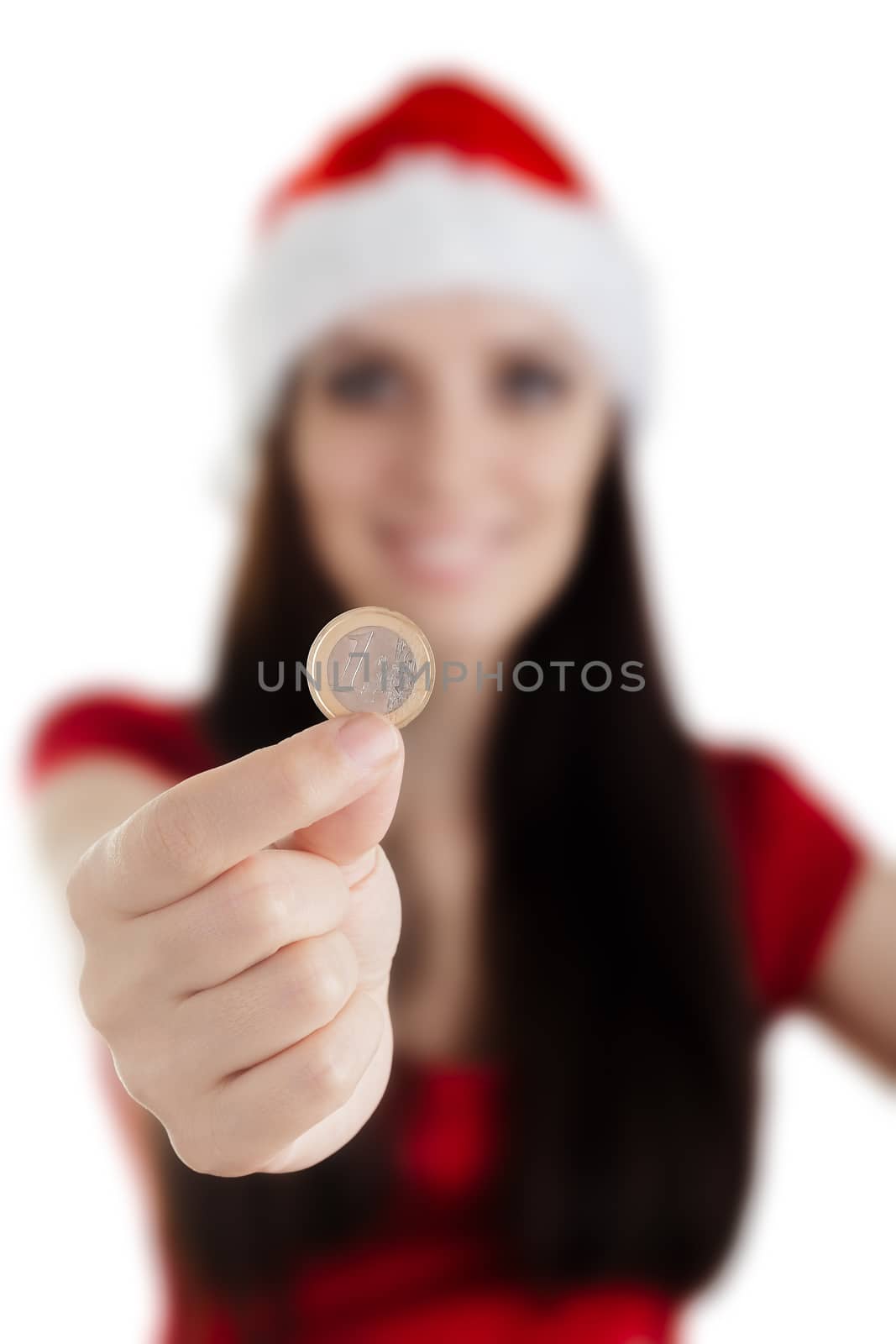 Young woman in Christmas costume on white background.