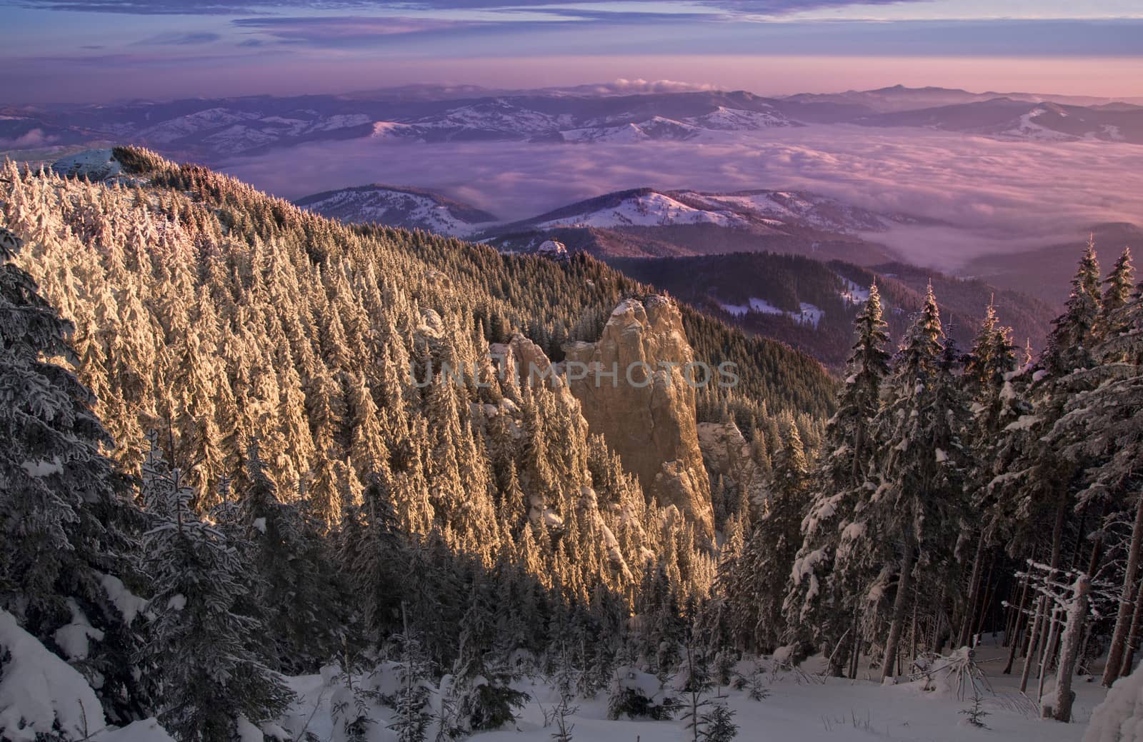 Landscape of winter mountain sunset in Romania