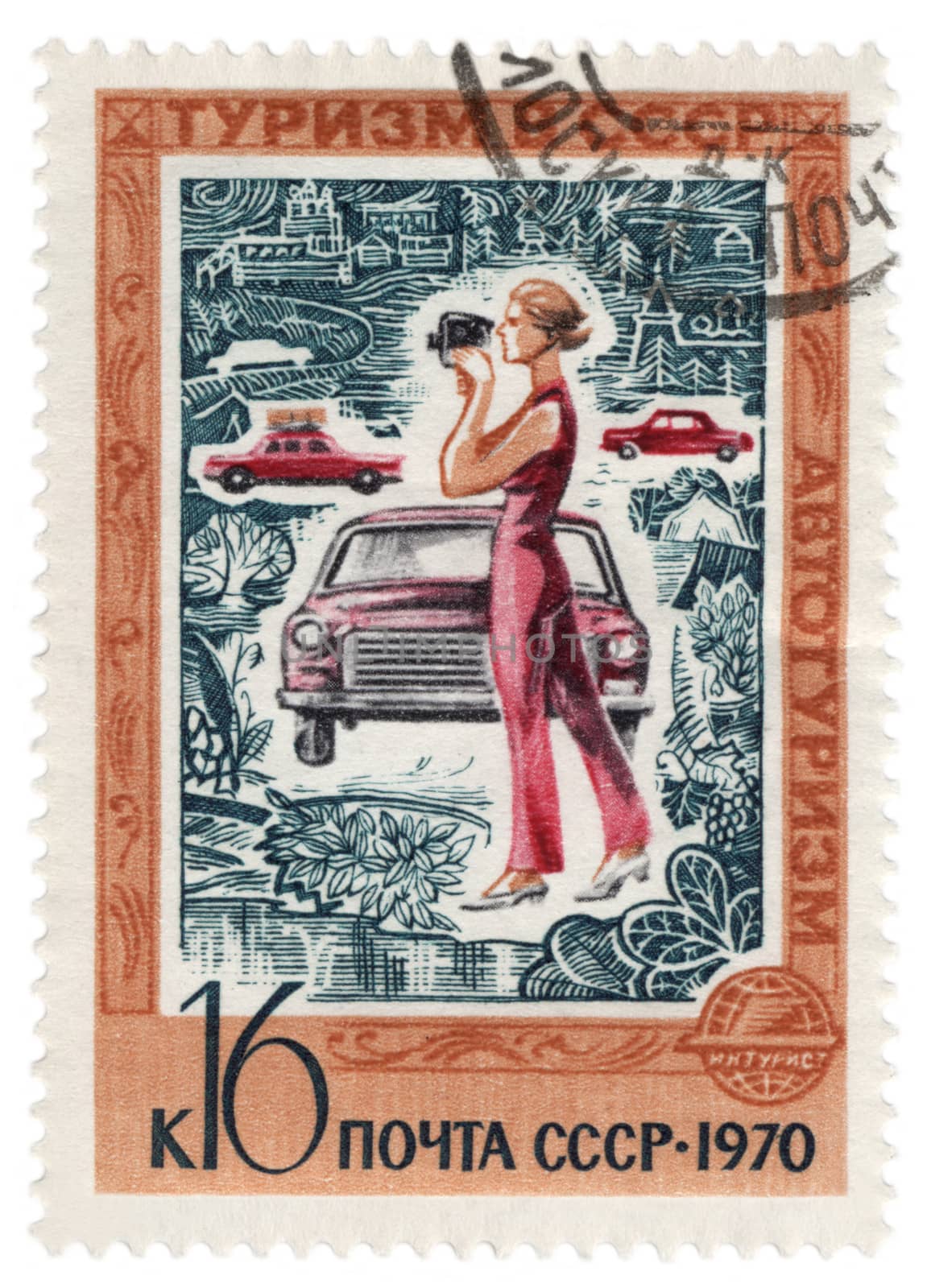 Woman with camera and car on post stamp by wander