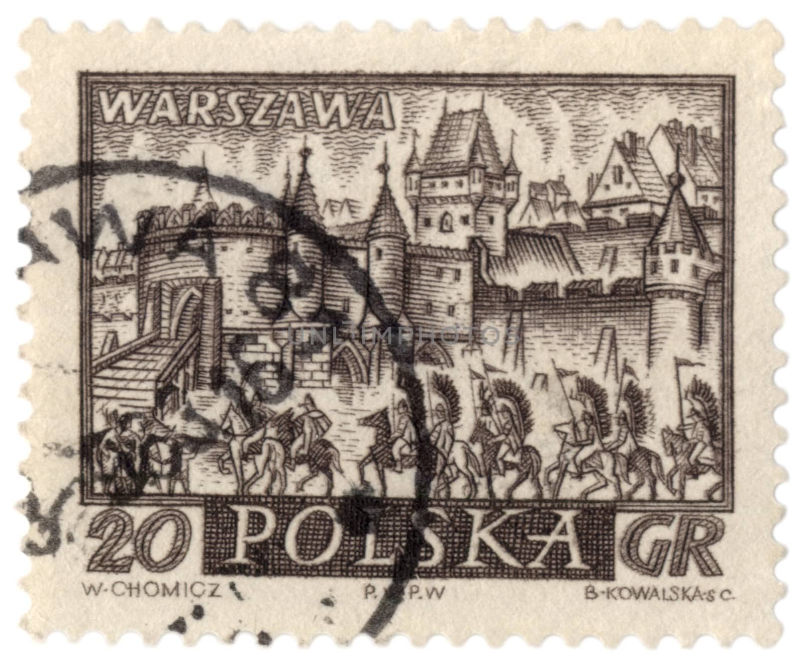 Cavalry to the medieval walls of Warsaw on post stamp by wander