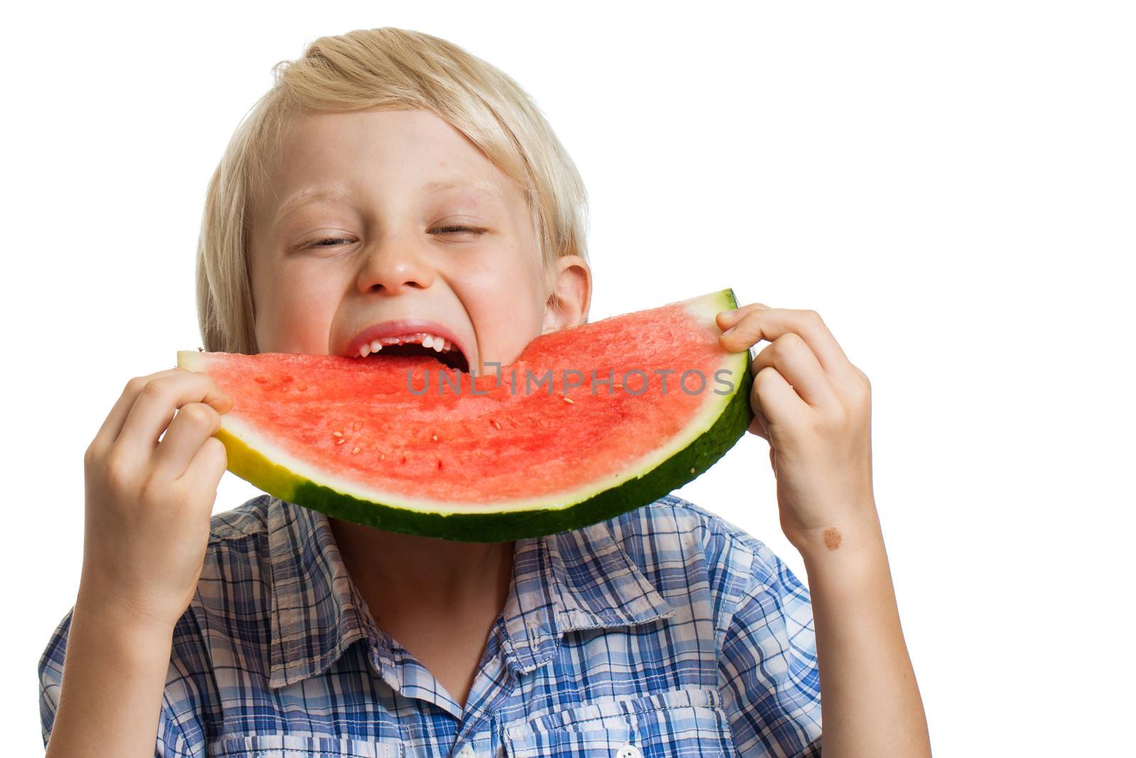 Boy taking big bite of water melon by Jaykayl