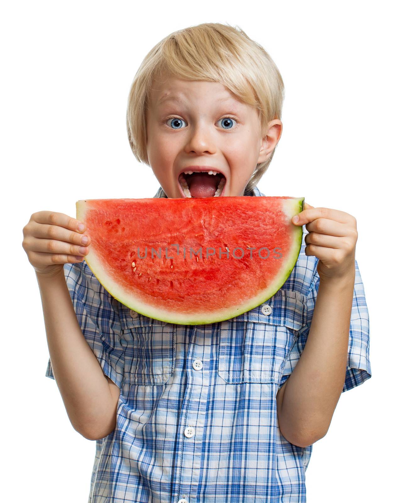 Boy taking bite of water melon by Jaykayl