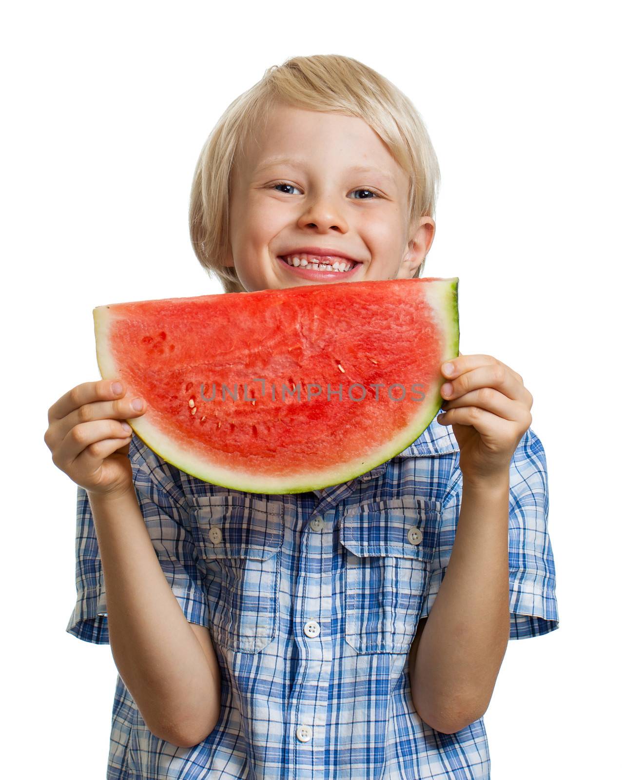 Happy boy laughing behind water melon by Jaykayl