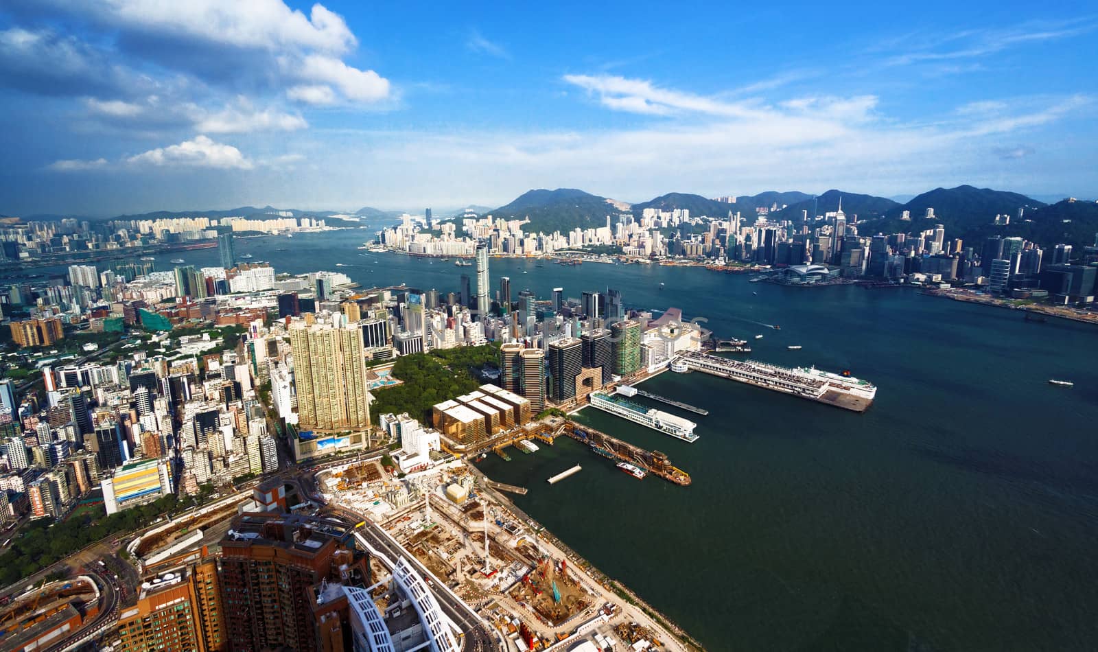 Aerial view of Hong Kong harbor from Kowloon island 