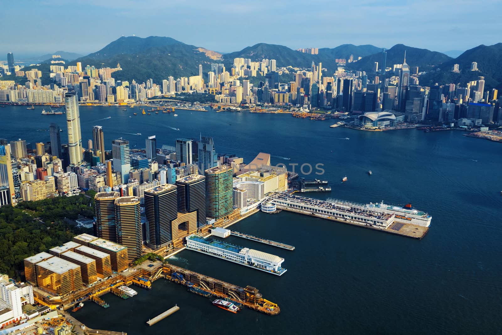 Aerial view of Hong Kong harbor from Kowloon island 