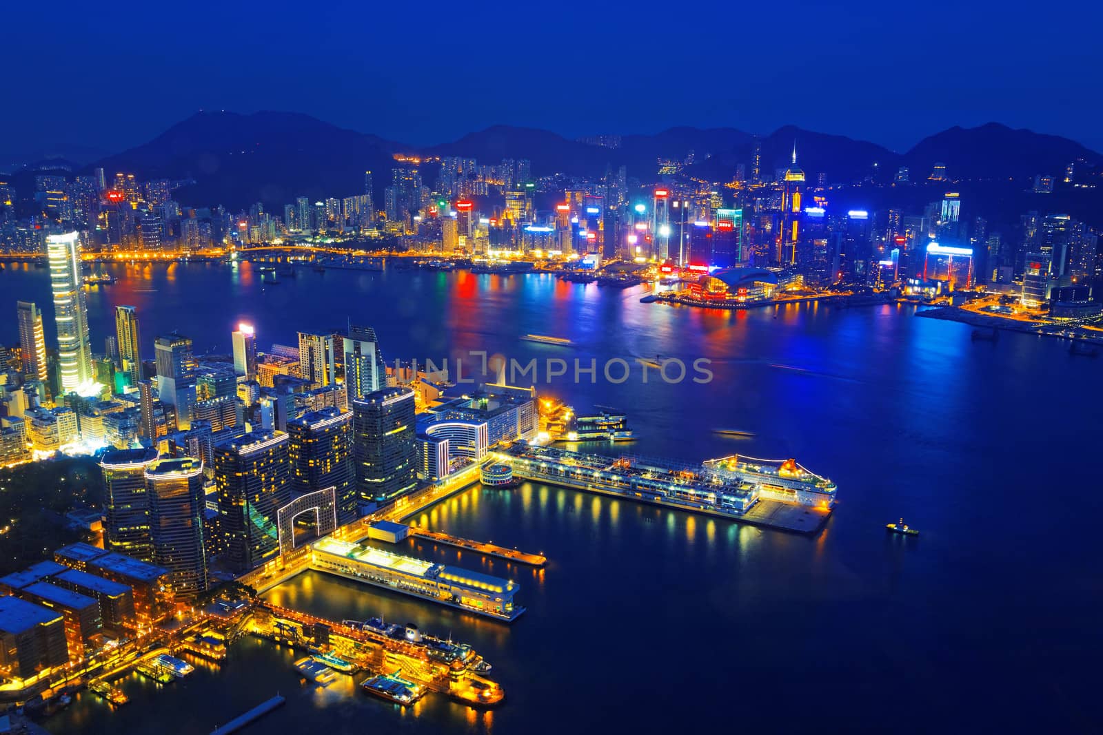 Aerial view of Hong Kong harbor from Kowloon island 