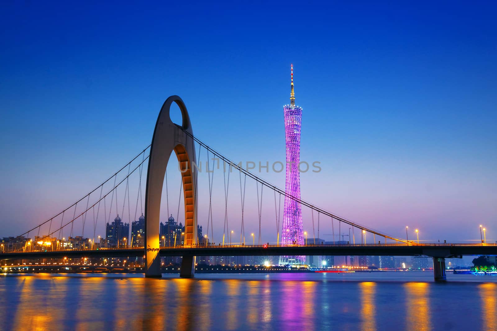 Zhujiang River and modern building of financial district at night in guangzhou china. 