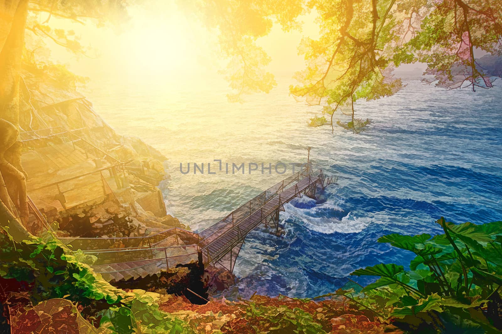 sunset in hong kong Bathing pavilion in print style