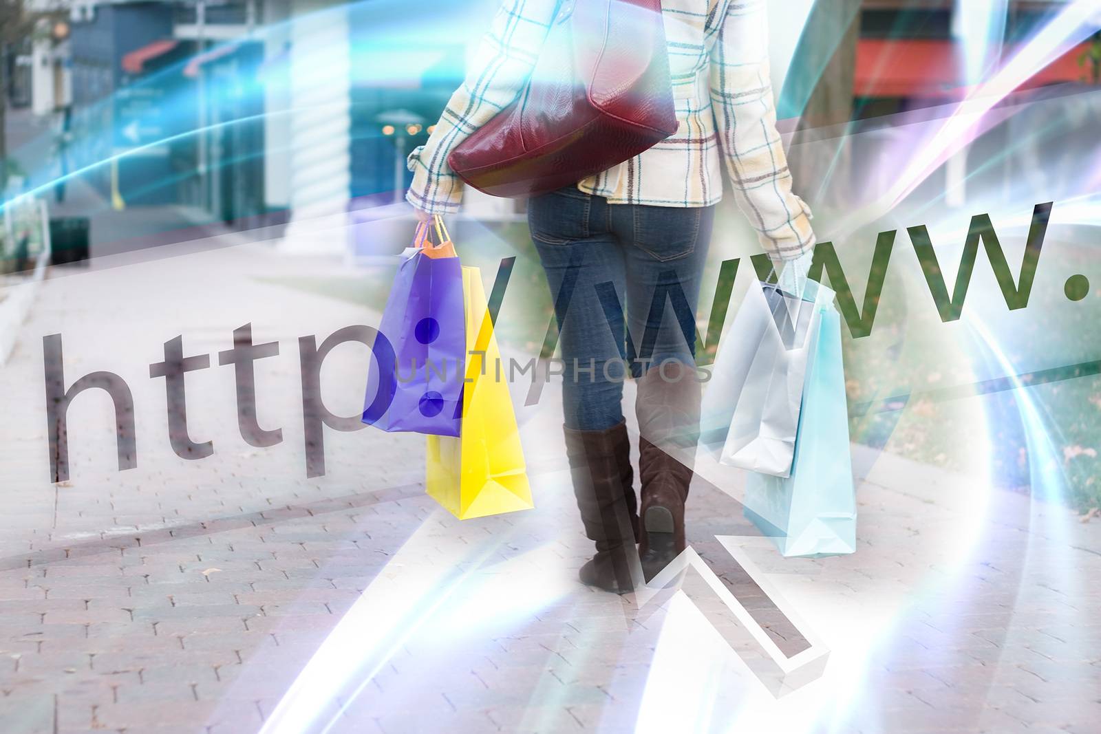 Abstract online shopping concept where a woman is walking holding bags with a website url address bar overlay.