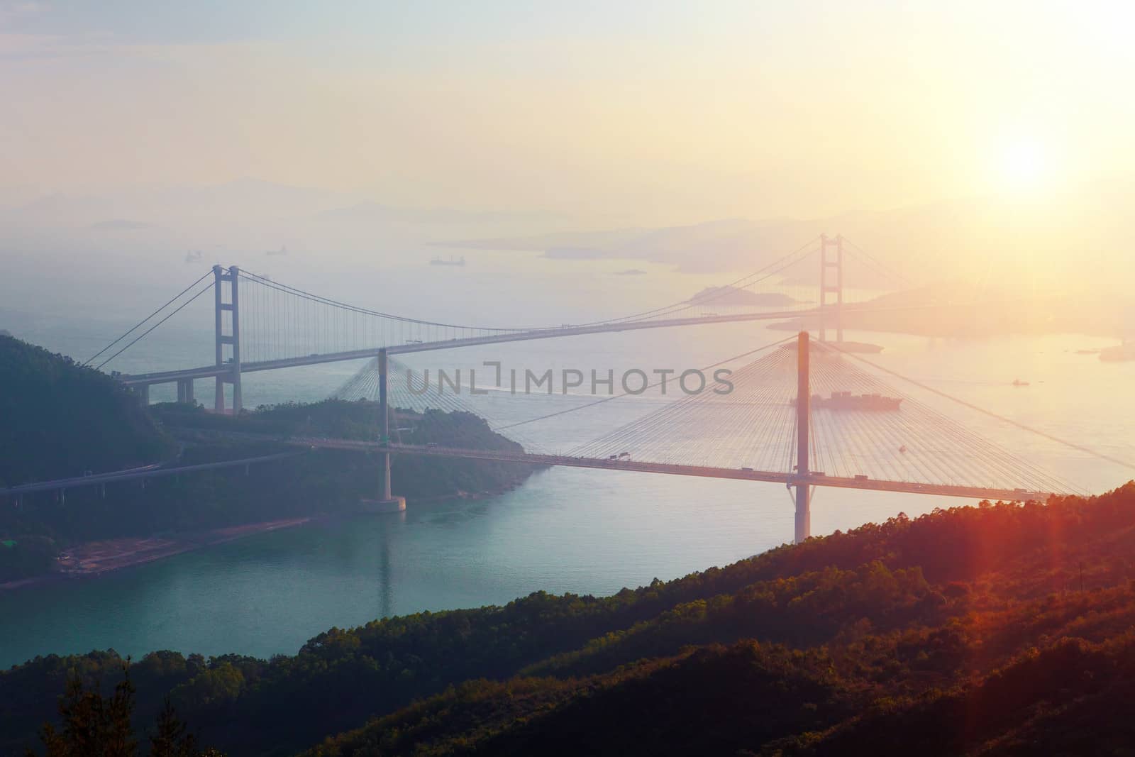 Sunset at Ting Kau Bridge, view from Tsuen Wan, Hong Kong