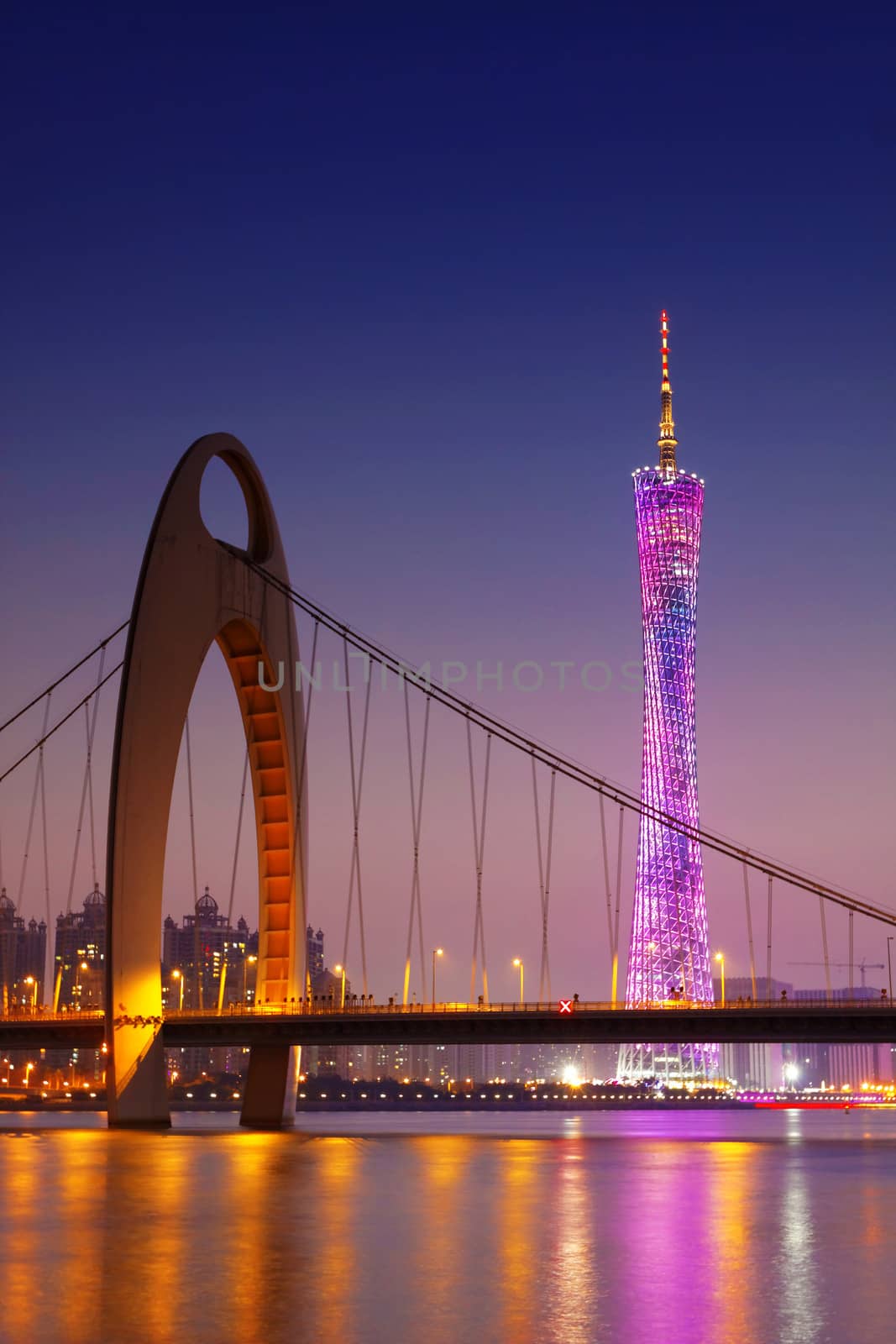 Zhujiang River and modern building of financial district at night in guangzhou china. 