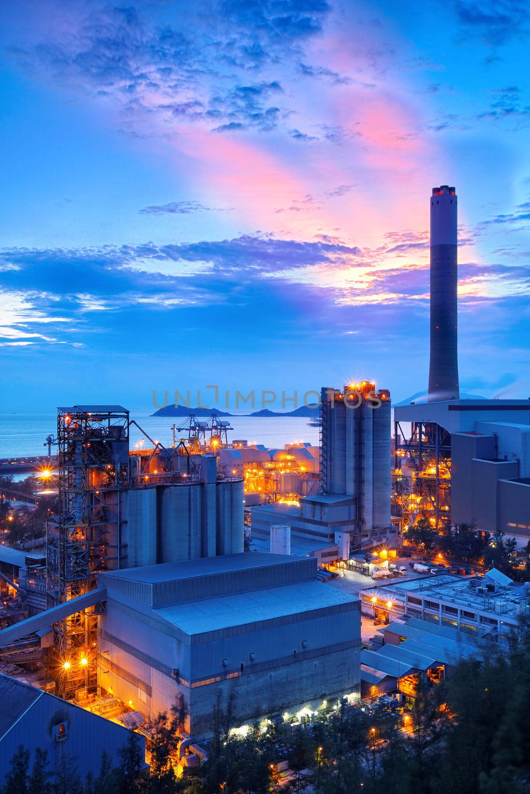 coal power station and cement plant at night